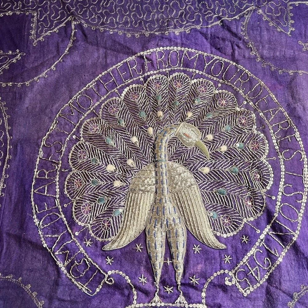 Vtg 1945 Indian Zari Embroidery Peacock Purple Velvet Panel WWII Era Gift 36x35